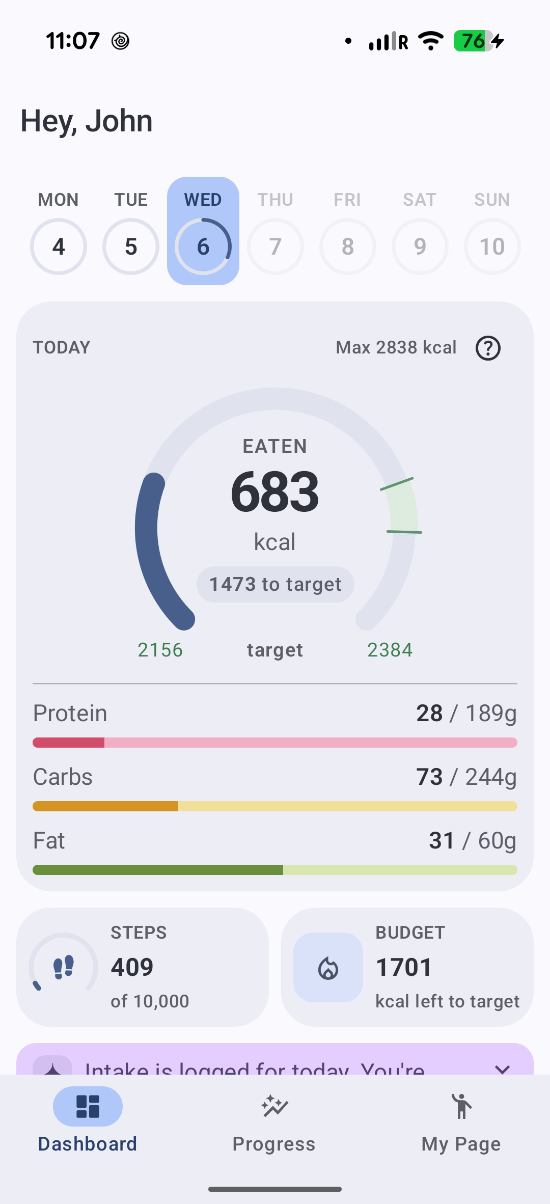 Fitzenia dashboard showing calories eaten, target range, macros, steps, and budget