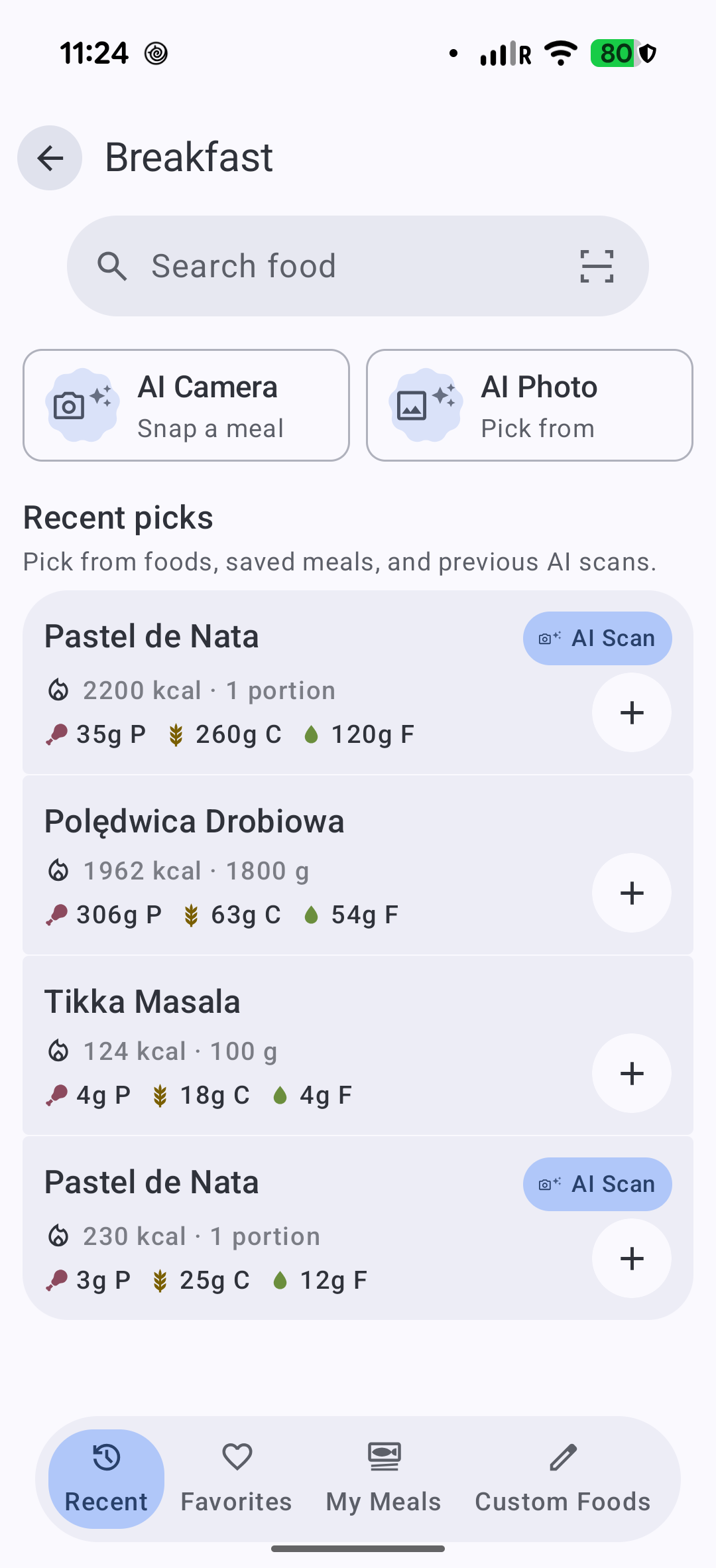 Fitzenia food search with AI camera and AI photo logging options